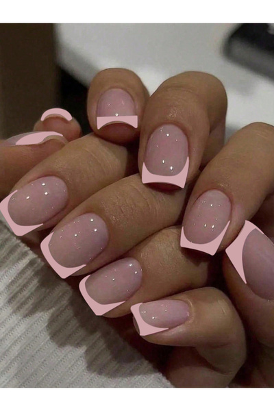 Choice أظافر أرجوانية 24 قطعة قصيرة وردية مربعة الشكل بأطراف أصابع فرنسية، أظافر صناعية بتصميم حب حلو