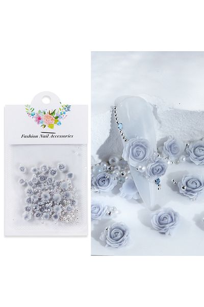 Choice QH 30 PCs Gradient Carved Roses with Steel Bead Pearl Nail Accessories