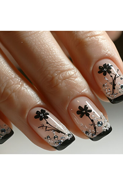 Choice 1684 أظافر صناعية قصيرة متوسطة مربعة الشكل، مزينة بأزهار نباتية لامعة ...