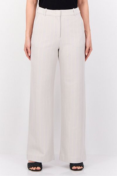 Esprit Women Regular Fit Wide Leg Stripped Pants, Grey