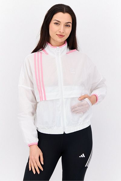 adidas Women Sportswear Fit Long Sleeve Training Hooded Jacket, White/pink