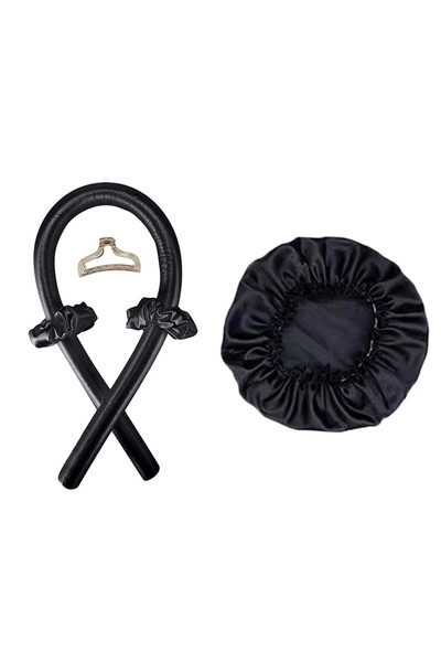 Choice مجموعة سوداء مكونة من قطعتين من مكواة تجعيد الشعر بدون حرارة وغطاء نوم من الحرير الساتان وغطاء رأس للشعر المجعد الطبيعي الطويل