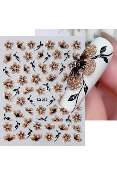 Choice 2pcs SO-232 2pc 3D Black Gold Glitter Flower Nail Decal Shiny Petals Leaves Nail Art Sticker Waterco