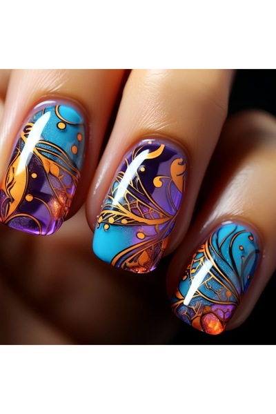 Choice 1679 أظافر صناعية قصيرة متوسطة مربعة الشكل، مع زهور نباتية لامعة وأورا...