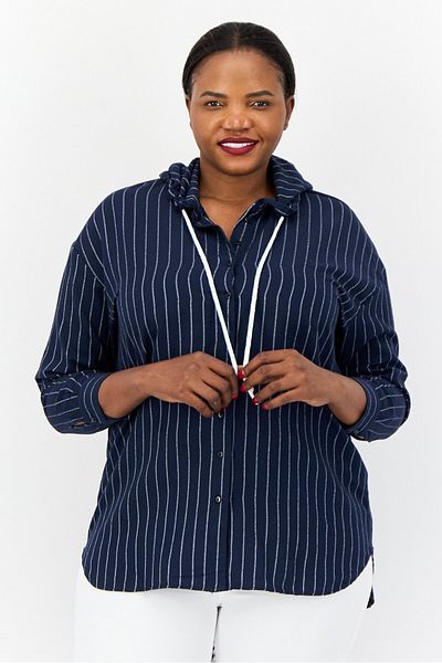DeFacto Women Stripe Long Sleeve Hooded Blouse, Navy