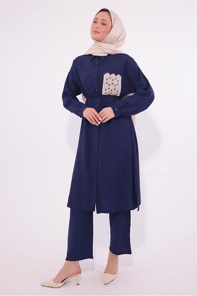 TRENDTESETTÜR Γυναικείο κέντημα Navy Blue με λεπτομέρεια παντελόνι T 6374
