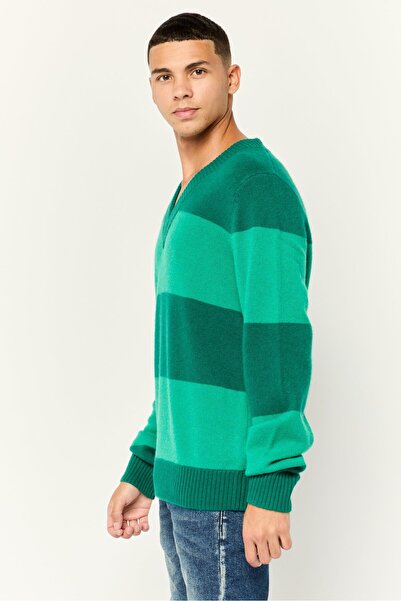 Esprit Men V Neck Stripe Print Knitted Sweater, Green