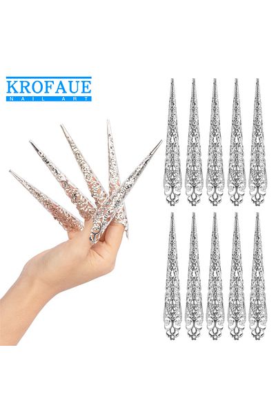 krofaue Silver 10pcs 10pcs Ancient Costume Antique Style Gold Queen Nail Ring SetIndia Belly Dance Nails Ac