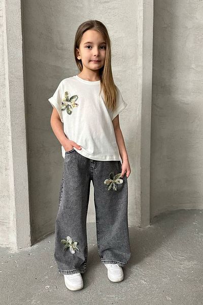 Minigimin Cicileri My Little One's Ciciler Lily Detailed Jeans Trousers Girl's 2 Piece Set - Anthracite