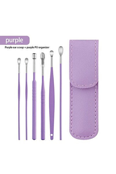 Choice بنفسجي. ملعقة أذن، أداة تنظيف أذن مكونة من ست قطع، ملعقة تنظيف أذن من الفولاذ المقاوم للصدأ، حقيبة جلدية، منظف أذن