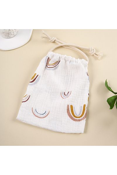 Choice White Rainbow INS double-layer rope drawstring storage bag pure cotton crepe printed cloth Muslin ba