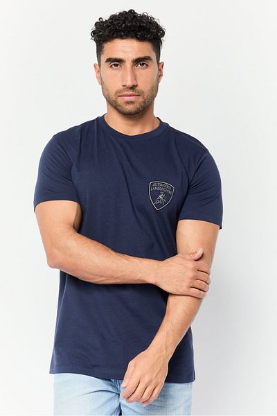 Lamborghini Men Crew Neck Short Sleeve Brand Logo T-Shirts, Navy Blue