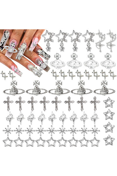 Choice TZ-36 85 قطعة من حلي أظافر الصليب الفضية ثلاثية الأبعاد ونجمة وأحجار ك...