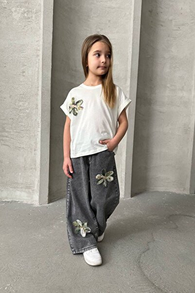 Minigimin Cicileri My Little One's Ciciler Lily Detailed Jeans Trousers Girl's 2-Piece Set - Anthracite