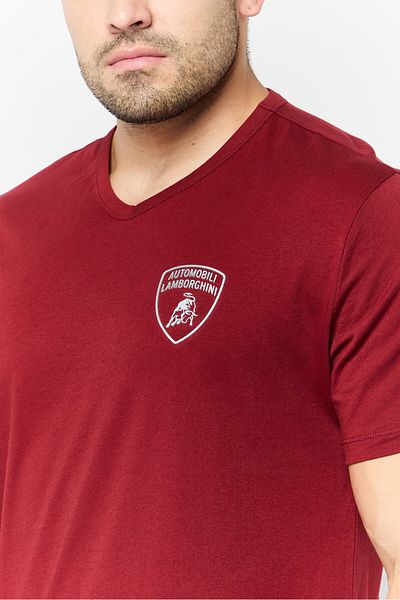 Lamborghini Men V-Neck Short Sleeves Brand Logo T-Shirt, Maroon
