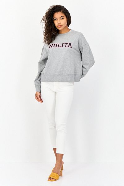 Nolita Women Crew Neck Long Sleeves Brand Logo Sweatshirt, Grey