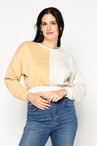 South Beach Women Crew Neck Long Sleeve Two Tone Sweatshirt, Beige