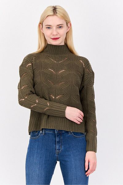 PİNK ROSE Women Mock Neck Knitted Sweater, Dark Olive