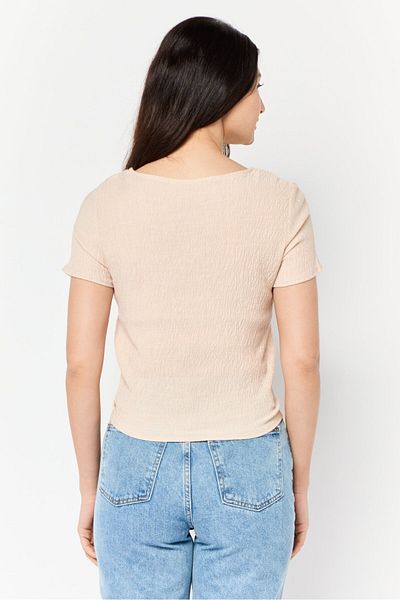 DeFacto Women V Neck Short Sleeve Textured Top, Beige