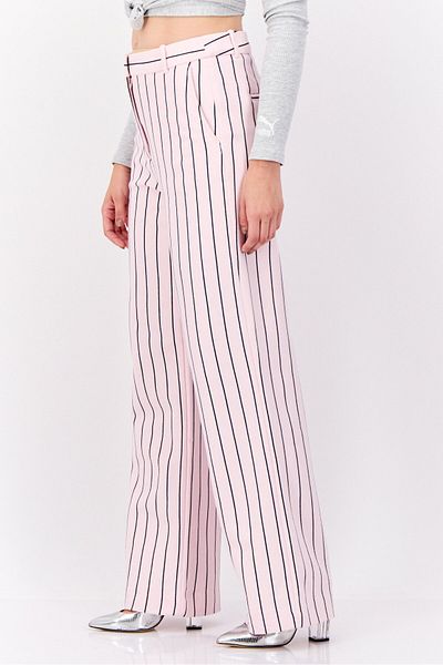 Esprit Women Regular Fit Wide Leg Stripped Pants, Pink