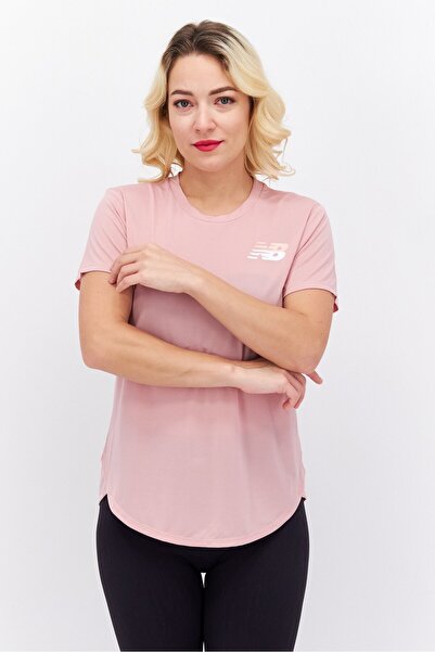 New Balance تي شيرت رياضي نسائي بأكمام قصيرة للجري، وردي