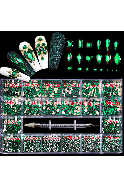 Choice 21 شريطًا أخضر داكن 21 شبكة صندوق أحجار الراين المختلطة ماسة أظافر ماس...