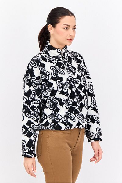 Poof Women Mock Neck Allover Print Sweater, Black