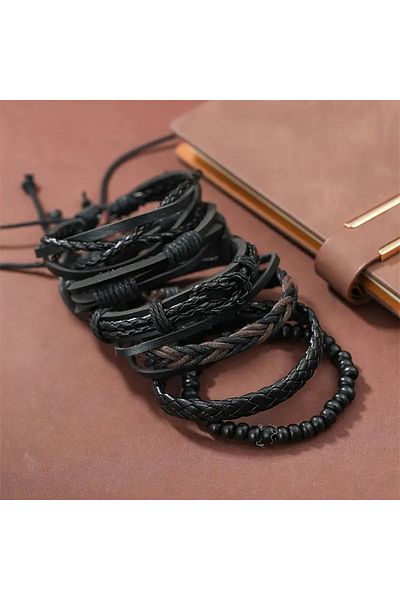 Choice 18.5cm 6pcs Men's PU Leather Punk Street Style Black Handmade Men Minimalist Twist Bracelet