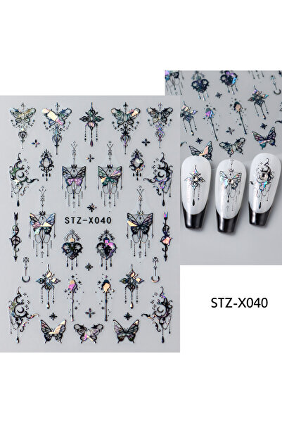 Choice ملصقات أظافر ليزر على شكل فراشة باللونين الأسود والأبيض STZ-X040، زخار...