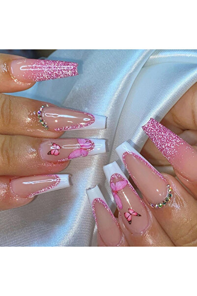 Choice QHZ669 أظافر فرنسية طويلة لامعة على شكل فراشة من الألماس مكونة من 24 ق...