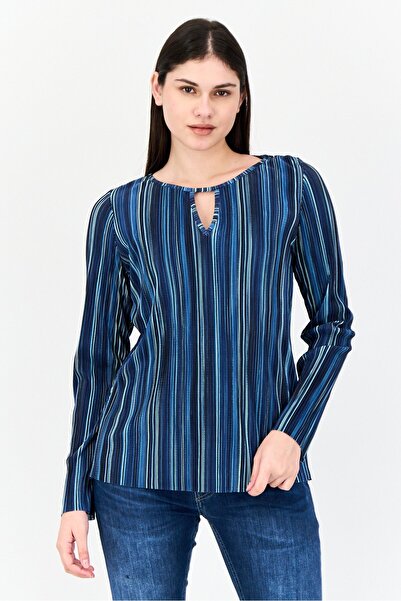 CYRUS Women Round Neck Long Sleeves Rib Blouse, Teal Blue