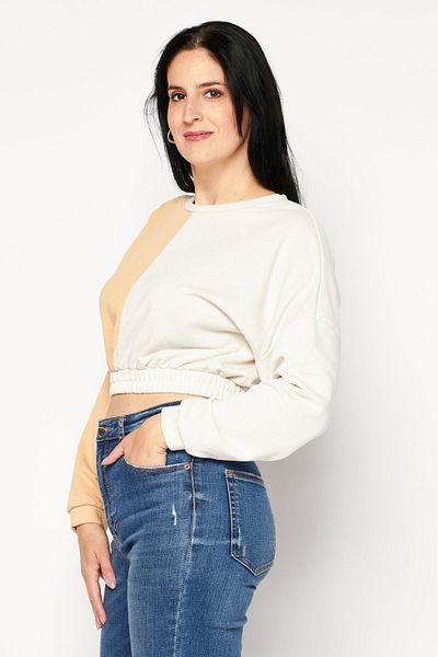 South Beach Women Crew Neck Long Sleeve Two Tone Sweatshirt, Beige
