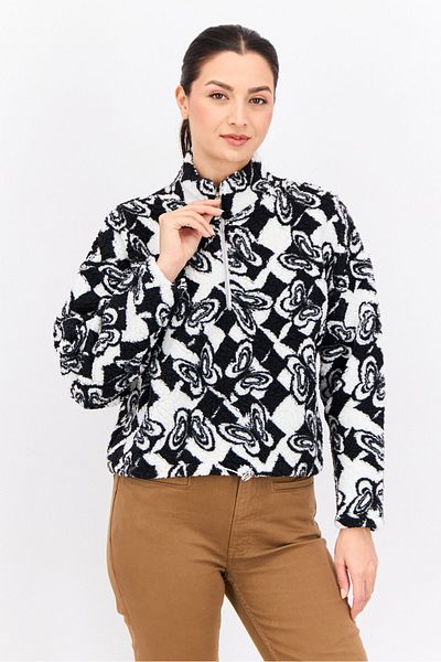 Poof Women Mock Neck Allover Print Sweater, Black