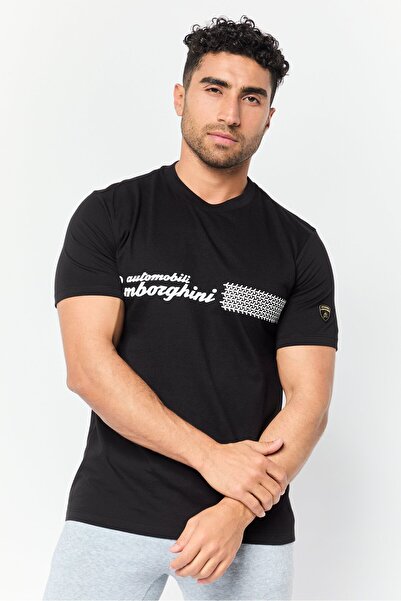 Lamborghini تي شيرت رجالي رياضي بأكمام قصيرة مناسب للخارج، أسود