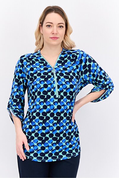 ny collection Women V Neck Long Sleeves Allover Print Blouse, Green