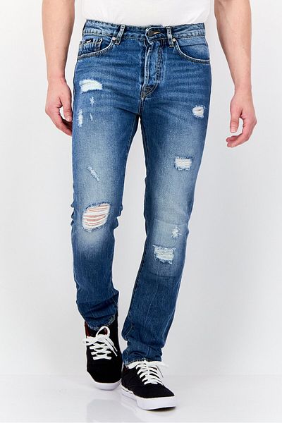 GAS Men Carrot Fit Distressed Stretchable Denim, Mid Blue