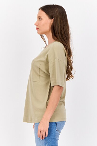 Esprit Women Crew Neck Plain T-Shirt, Light Olive
