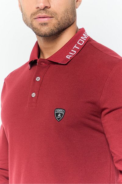 Lamborghini Men Regular Fit Brand Logo Long Sleeves Polo Shirt, Maroon