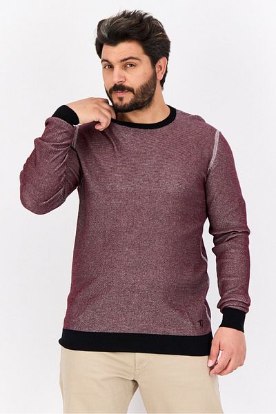 Trussardi Jeans Men Round Neck Textured Long Sleeves Sweatshirt, Maroon/black