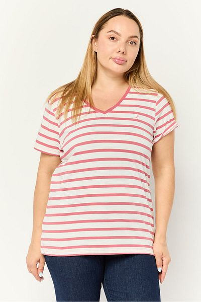 Nautica Women V Neck Short Sleeve Stripe Top, Multicolor