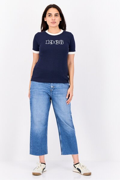 Esprit Women Crew Neck Short Sleeve Graphic Print T-Shirt, Navy