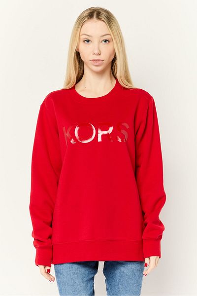 Michael Kors Women Ribbed Neck Brand Logo Long Sleeves Sweatshirt, Red
