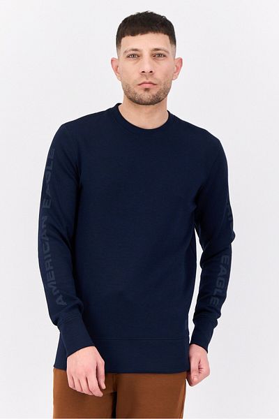 AMERICAN EAGLE Men Crew Neck Graphic Print Long Sleeves Sweatshirt, Navy