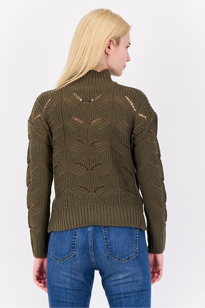 PİNK ROSE Women Mock Neck Knitted Sweater, Dark Olive