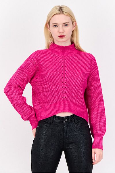 PİNK ROSE Women Mock Neck Herringbone Sweater, Dark Pink