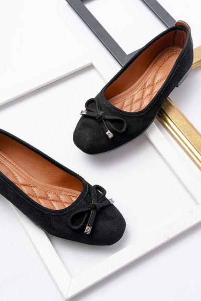 DİVOLYA Potin Black Suede Bow (2 cm) Oval Toe Daily Use Ballerinas