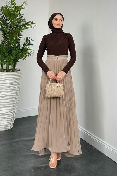 MERVEN AKYÜZ Lysa Pleated Lined φούστα, Milk and Brown