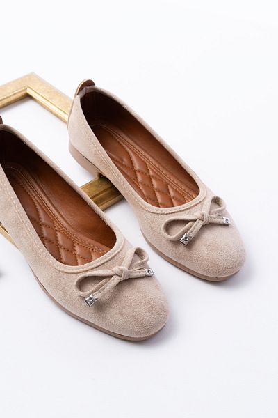 DİVOLYA Potin Beige Suede Bow (2 cm) Oval Toe Daily Use Ballerinas