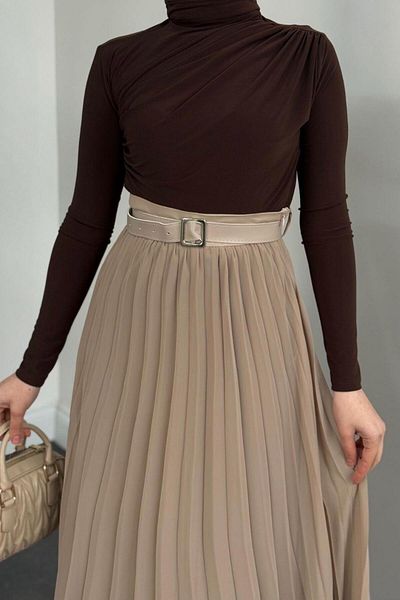 MERVEN AKYÜZ Lysa Pleated Lined φούστα, Milk and Brown
