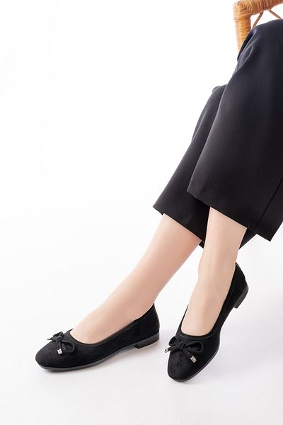 DİVOLYA Potin Black Suede Bow (2 cm) Oval Toe Daily Use Ballerinas